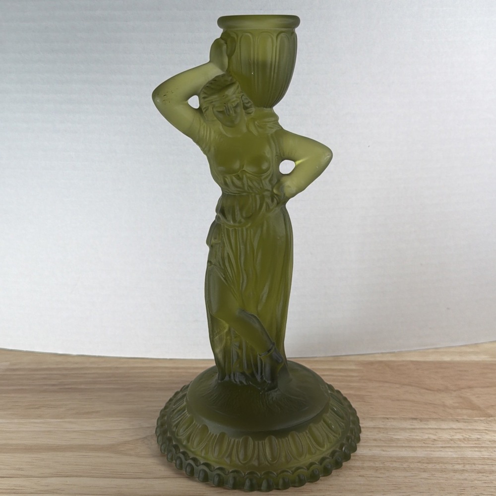 9 3/4" FOSTORIA Green Satin Glass REBECCA at the WELL CANDLESTICK HOLDER